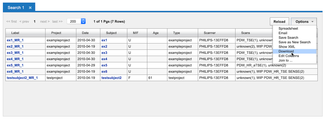 XNAT Table Download