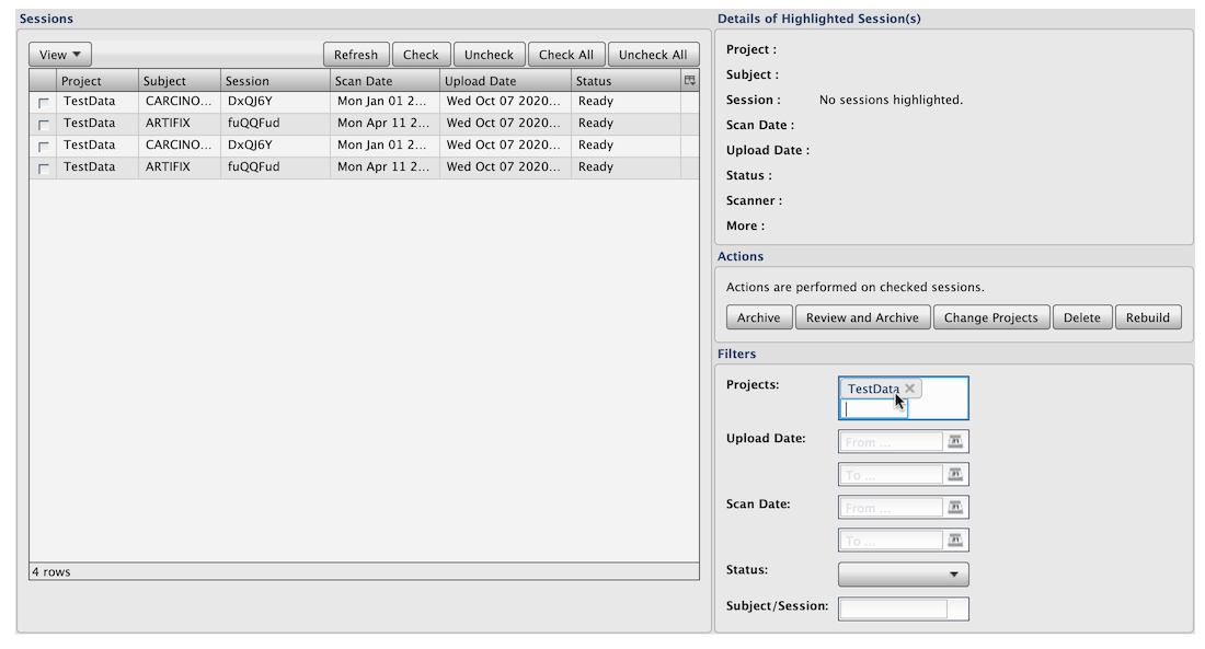 Prearchive filter by project