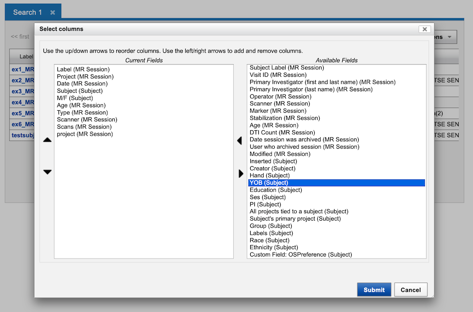XNAT edit columns